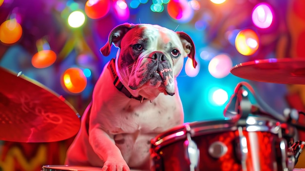 A cute English Bulldog sits behind a drum set looking out at the crowd The dog is wearing a black collar and has a serious expression on its face