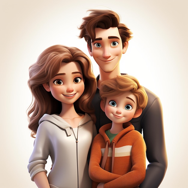A cute european family pixar cartoon on white background