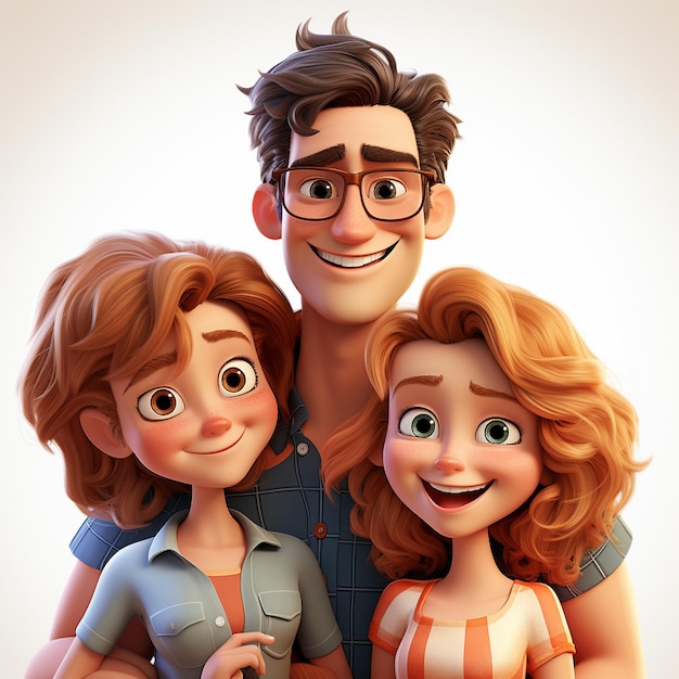 A Cute European family Pixar cartoon on white background