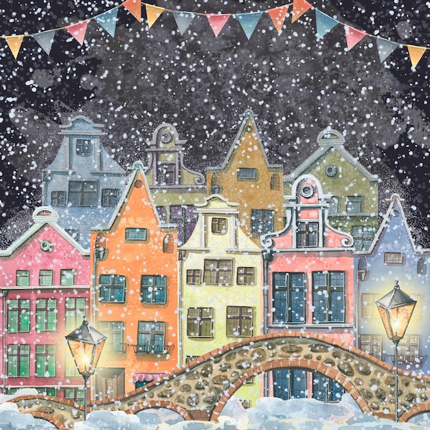 Cute European houses with bridges on a background of dark sky and snow decorated with garlands with flags Watercolor illustration For decoration and design of New Year Christmas winter