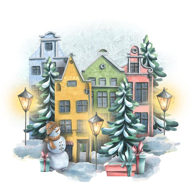 Cute European houses with Christmas trees gifts a snowman and lanterns in the snow Watercolor illustration For the design and decoration of postcards posters tourism New Year Christmas
