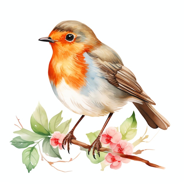 Cute European robin bird watercolor illustration clipart