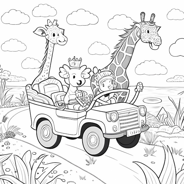 Cute Explorers Coloring Fun with Kawaii Characters on a Jeep Safari