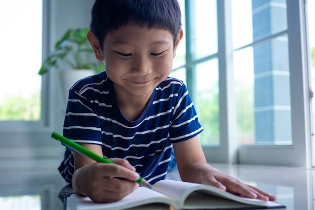 아시아 남자 학생의 귀여운 얼굴이 집 거실에서 즐겁게 공부하고 숙제를하고 있습니다. 연구 개념