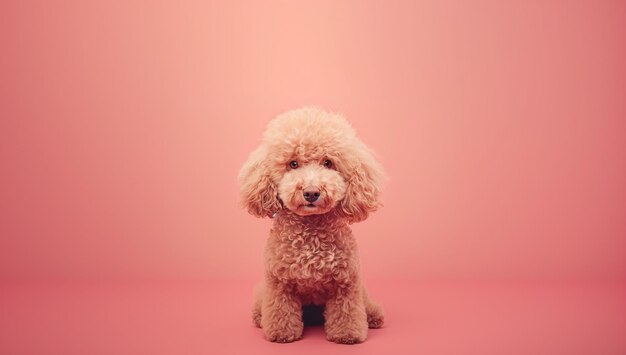 写真 桃色の毛皮の背景の可愛い犬の顔
