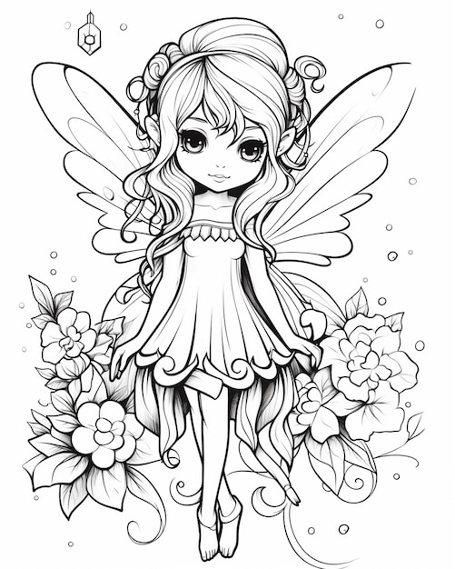 花と蝶を持つかわいい妖精の女の子のぬりえページ生成 ai