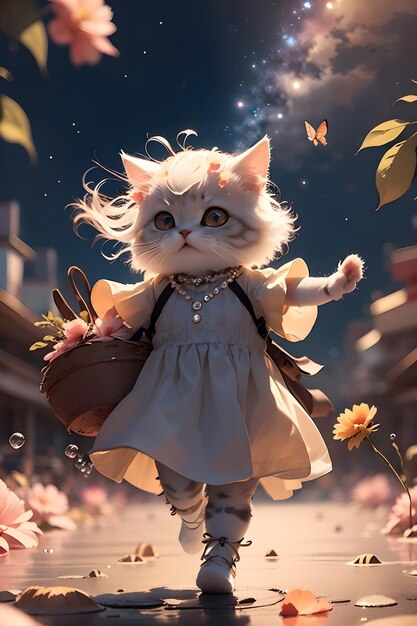 Photo cute fairy tale cat with butterfly wings wallpaper illustration background