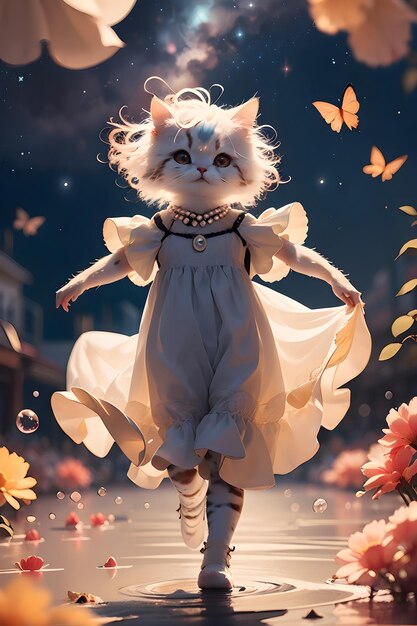 Cute fairy tale cat with butterfly wings wallpaper illustration background