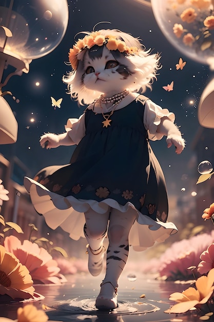 Photo cute fairy tale cat with butterfly wings wallpaper illustration background