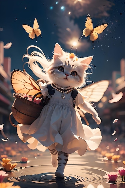 Cute fairy tale cat with butterfly wings wallpaper illustration background