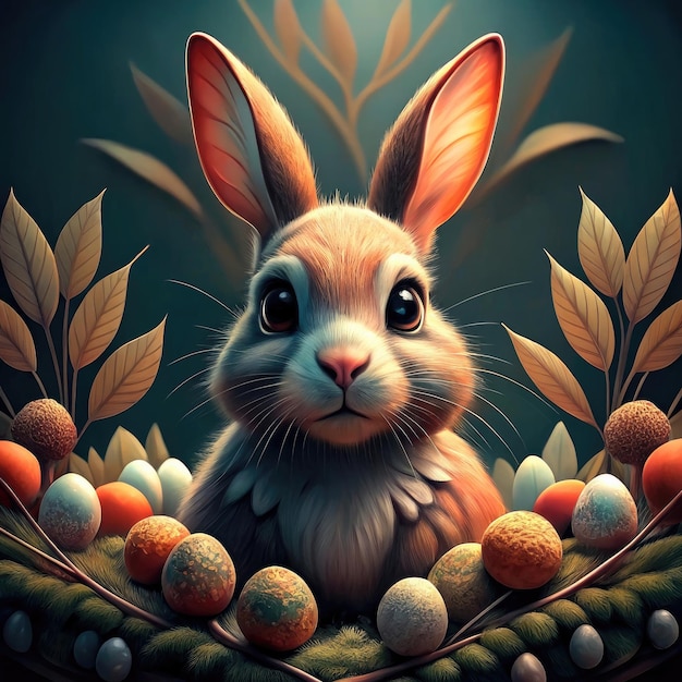 Photo cute fairy tale little rabbit in nest with eggs and palnts