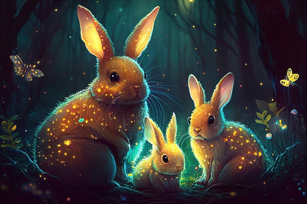 Cute family Easter bunnies in magical forest with sparkling fireflies and bright colors illustration style like in a fairy tale book