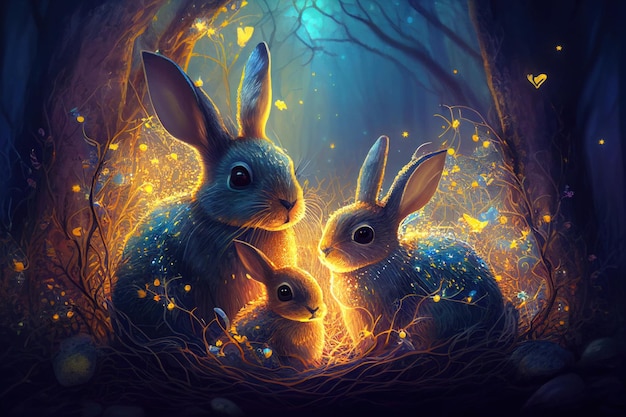 Cute family Easter bunnies in magical forest with sparkling fireflies and bright colors illustration style like in a fairy tale book