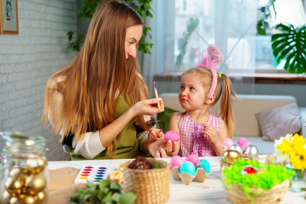 Cute family, mother and daughter preparing for Easter celebration