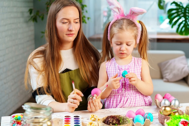 Cute family, mother and daughter preparing for Easter celebration