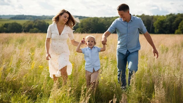 cute family playing in a summer field