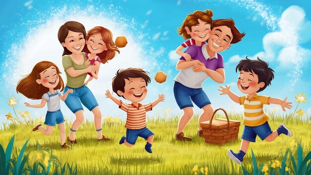 Cute family playing in a summer field