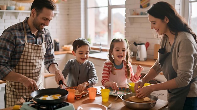 Photo cute family prepare the breakfest in a kitchen