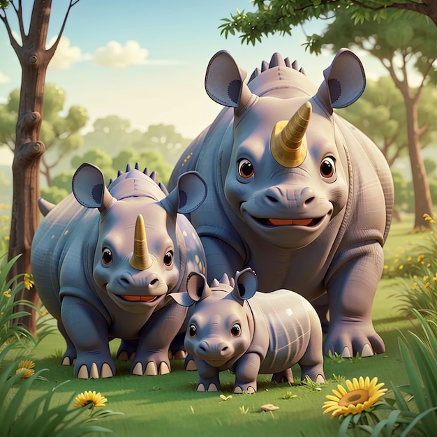 Cute family rhinos cartoon in the grass