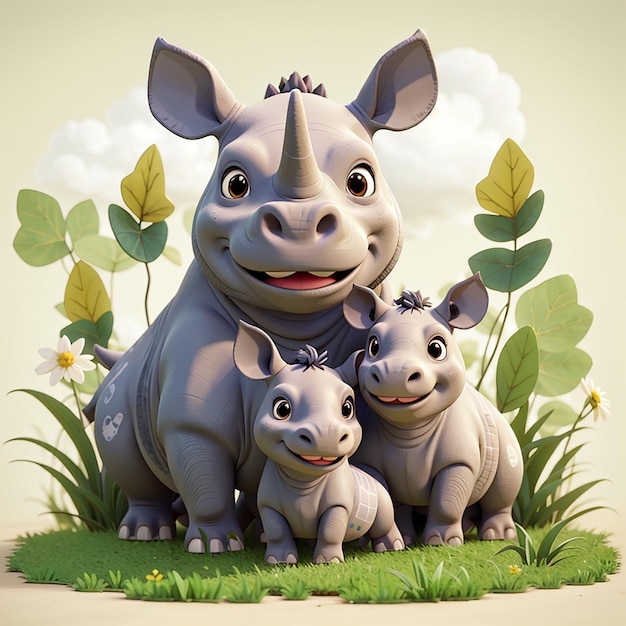 Cute family rhinos cartoon in the grass