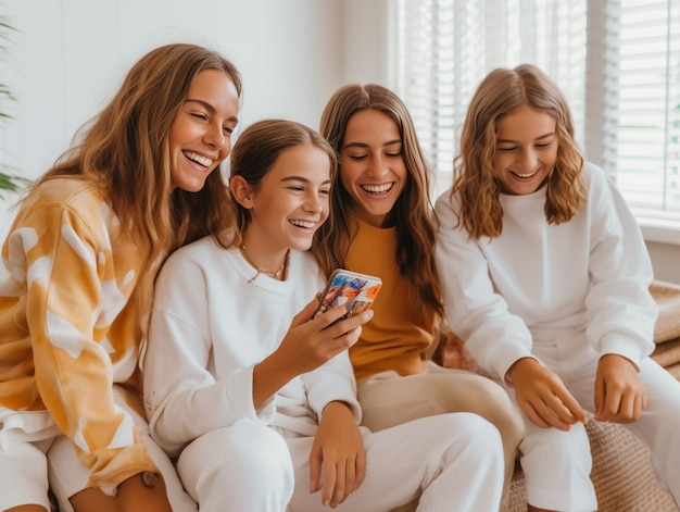 A cute family in white clothes with a pregnant mother and two daughters stand huggin Generative AI