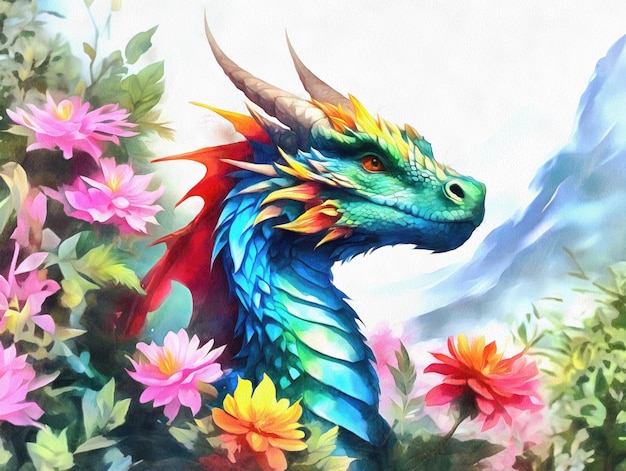 Cute fantasy dragon with colorful flowers in watercolors ai generated