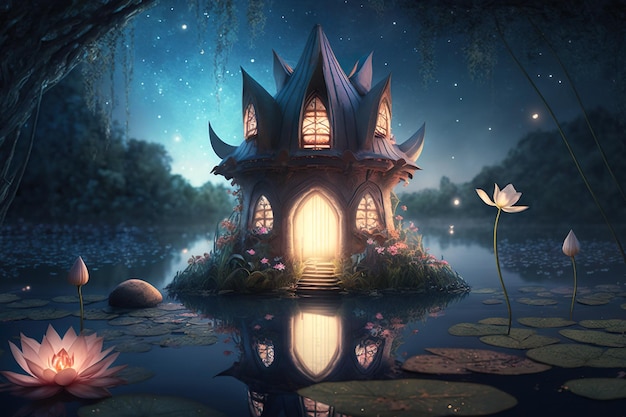 귀여운 판타지 하우스 수련 생성 AI가 있는 마법의 숲 호수에 있는 동화 속 작은 별장