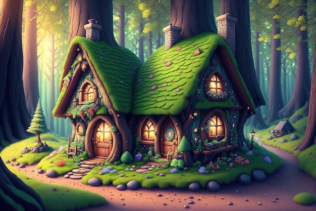 かわいいファンタジーの家おとぎ話魔法の森の小さなコテージ