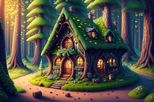 Cute fantasy house fairy tale little cottage in magical forest