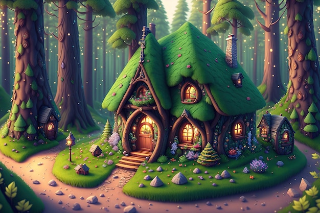 Cute fantasy house fairy tale little cottage in magical forest