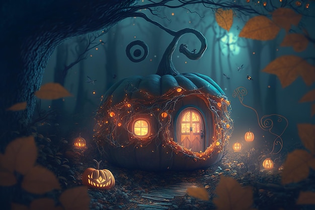 Cute Fantasy House Pumpkin Sprookje klein huisje in magisch bos Gegenereerde AI