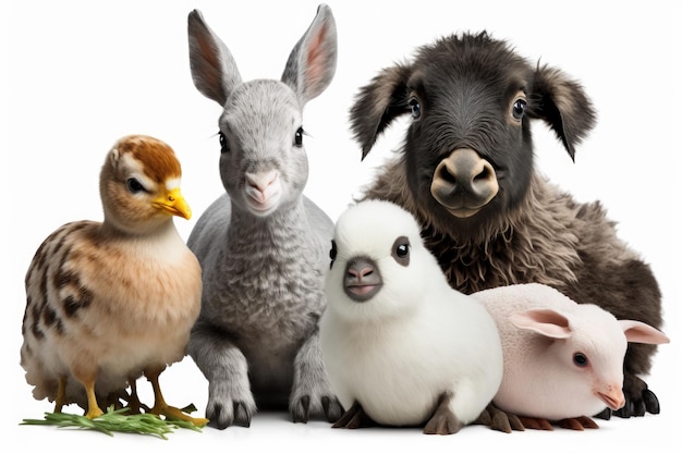 Cute farm animals together in a group isolated on a white background