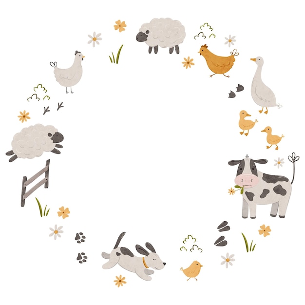 Cute farm animals wreath cow lamb chick dog cow sheep chicken and goose domestic animals kid set in