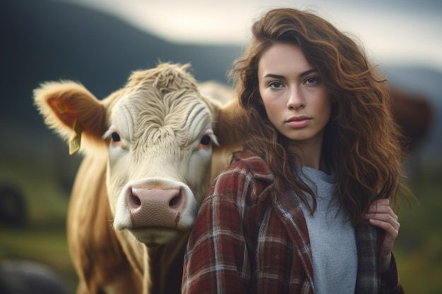 Cute Farmer woman with cow