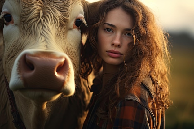 Cute Farmer woman with cow