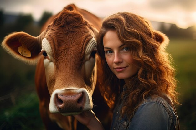 Cute Farmer woman with cow