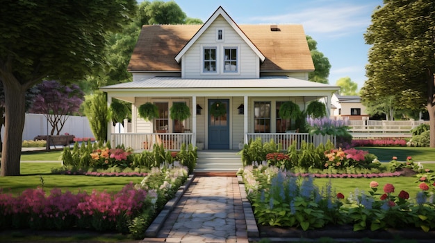 Cute farmhouse exterior with front yard flower bed