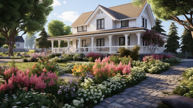 Cute farmhouse exterior with front yard flower bed