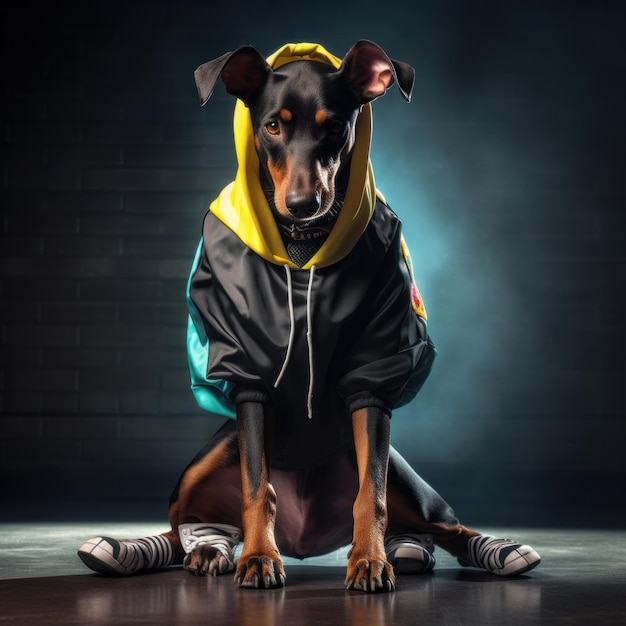 Cute and fashionable dog wears a black and brown hoodie