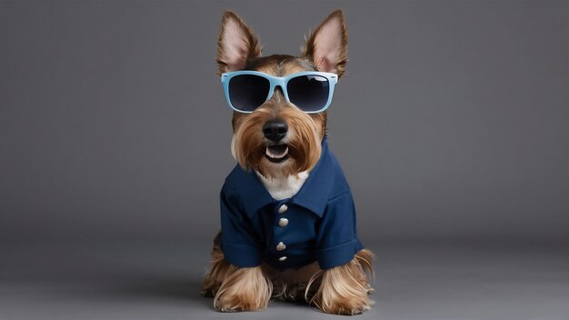 Милый модный шотландский терьер в синей рубашке и солнцезащитных очках на сером фоне