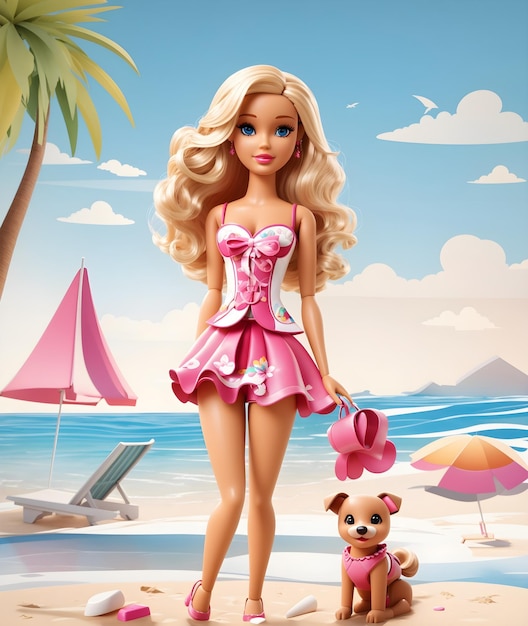 Foto bella barbie alla moda e carina sulla spiaggia