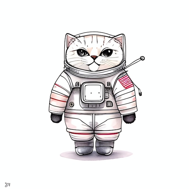 かわいい太った猫 宇宙飛行士のスーツを着たかわいい肥えた猫 水彩画スケッチ グランジスタイルのジェネレーティブAIイラスト