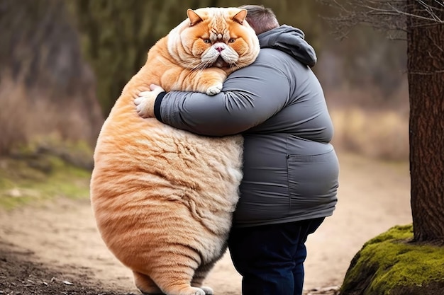 Cute fat cat hugs fat man in nature background