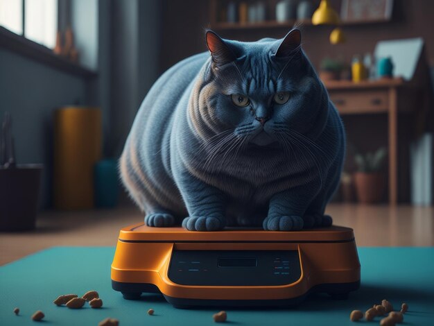 Cute fat cat standing on scales AI generated