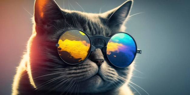 cute fat cat wearing summer sunglasses, summer background