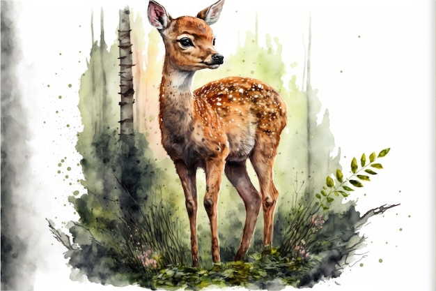 Cute fawn in forest Watercolor painting of cute deer wild animals