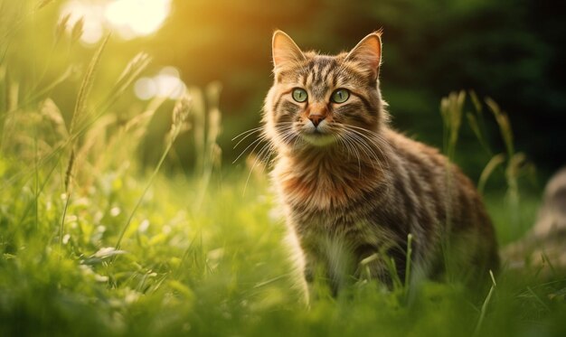 Cute feline staring in the green grass generative ai