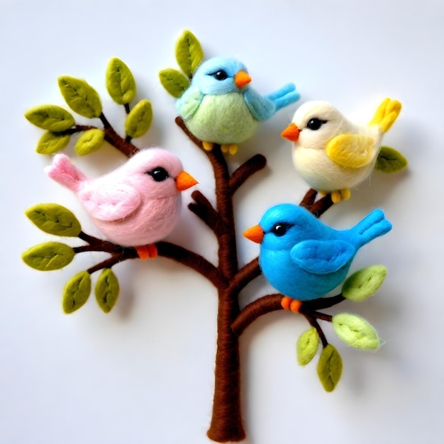 Photo cute felted illustration of some birds in trees brunches