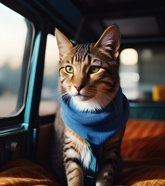 Cute female cat in the car generative ai illustration