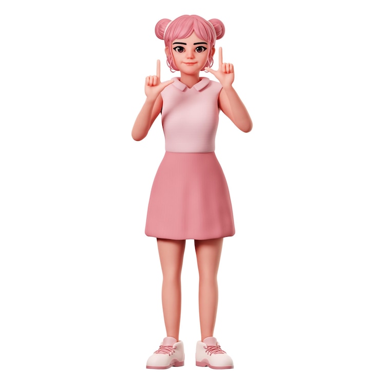 Photo 양손 3d 캐릭터 렌더를 사용하여 위쪽을 가리키는 이중 빵이 있는 귀여운 여성 캐릭터